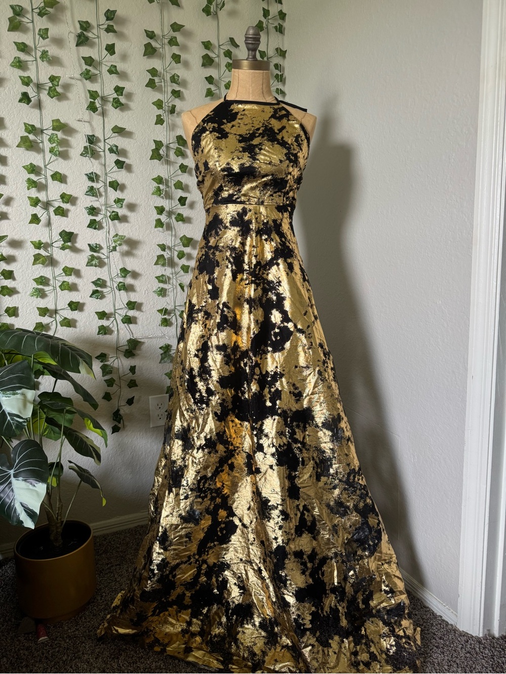 Elegant Black and Gold Halter Evening Dress - Take me higher Metallic dress
